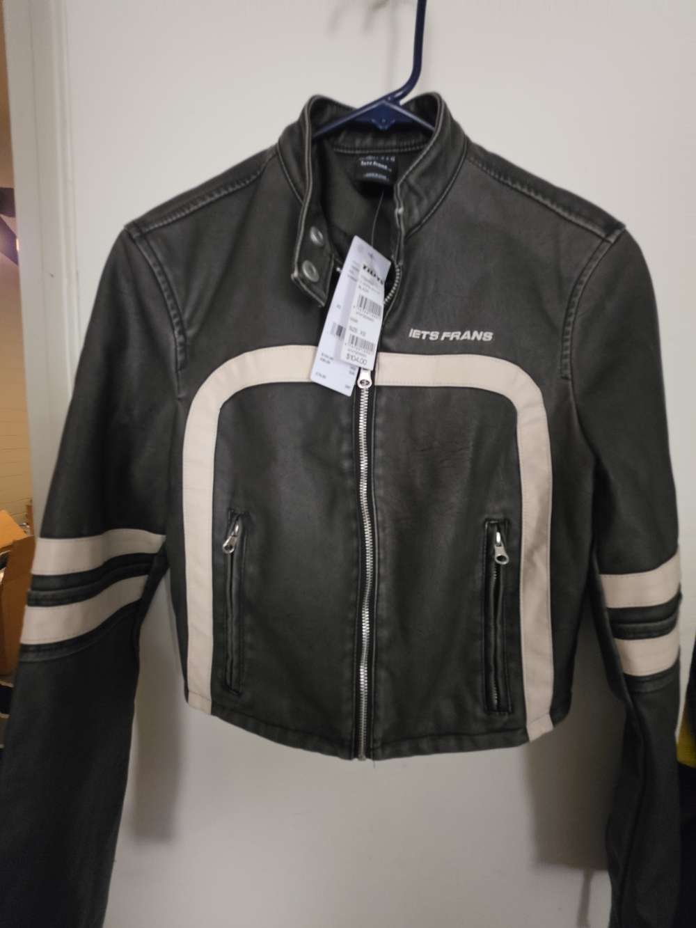 NWT Black Faux Leather Moto Jacket with White Hardware